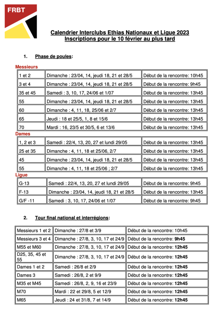 Calendrier des interclubs et ligue 2023