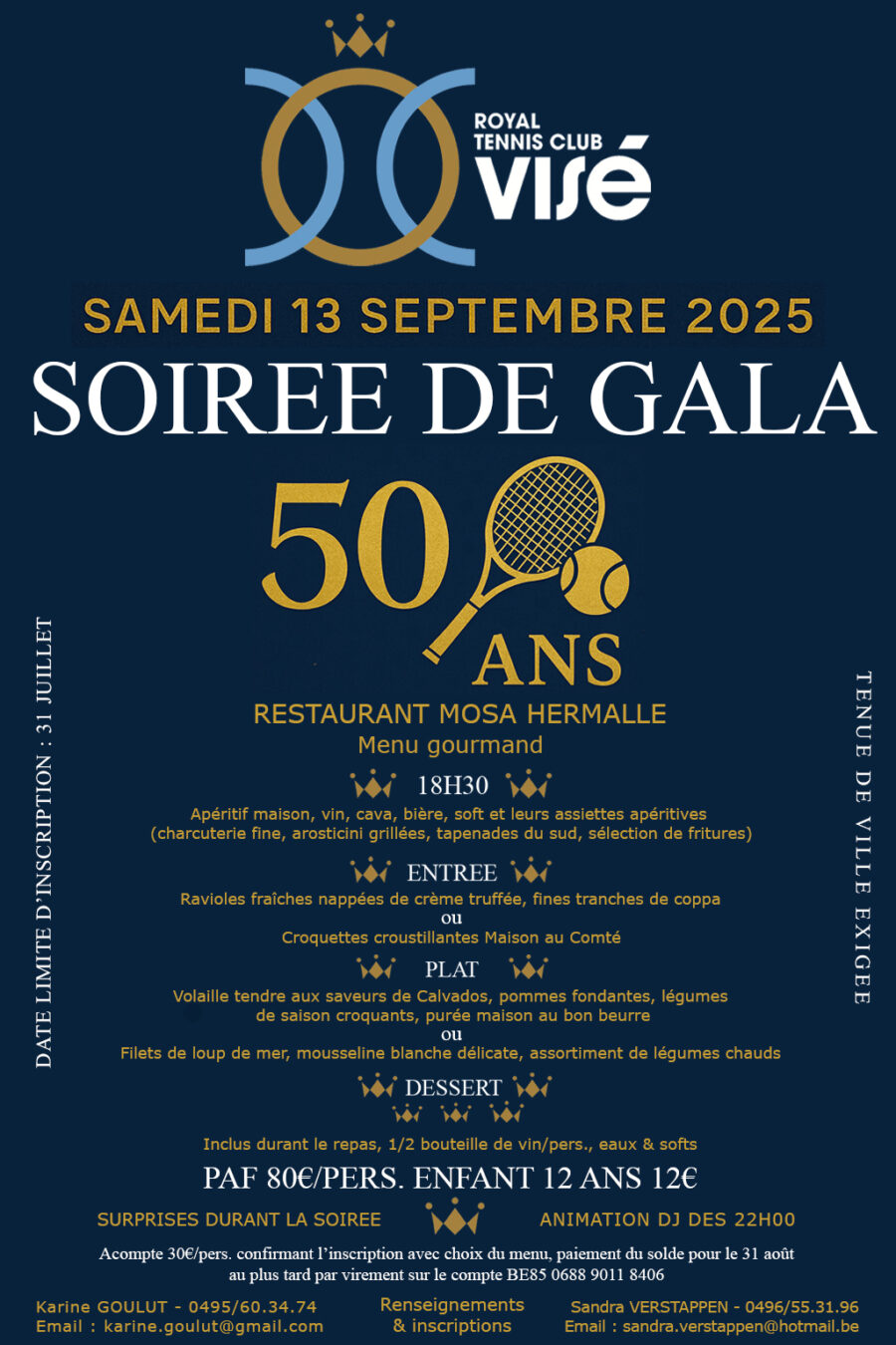 Samedi 13 septembre Soirée de Gala 50 ans du Royal TC Visé
